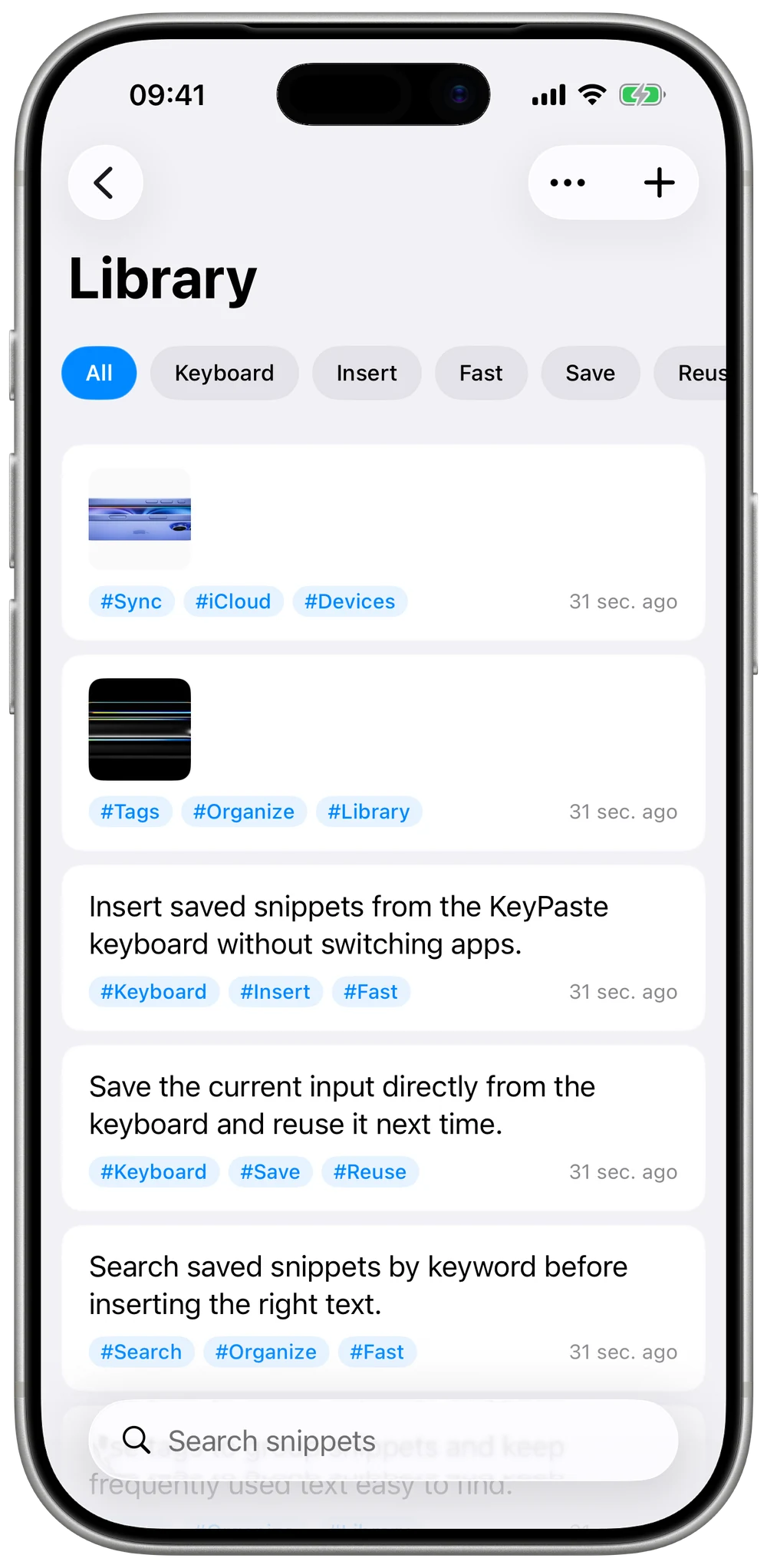 The KeyPaste Library on iPhone showing saved snippets with a tag-filter bar