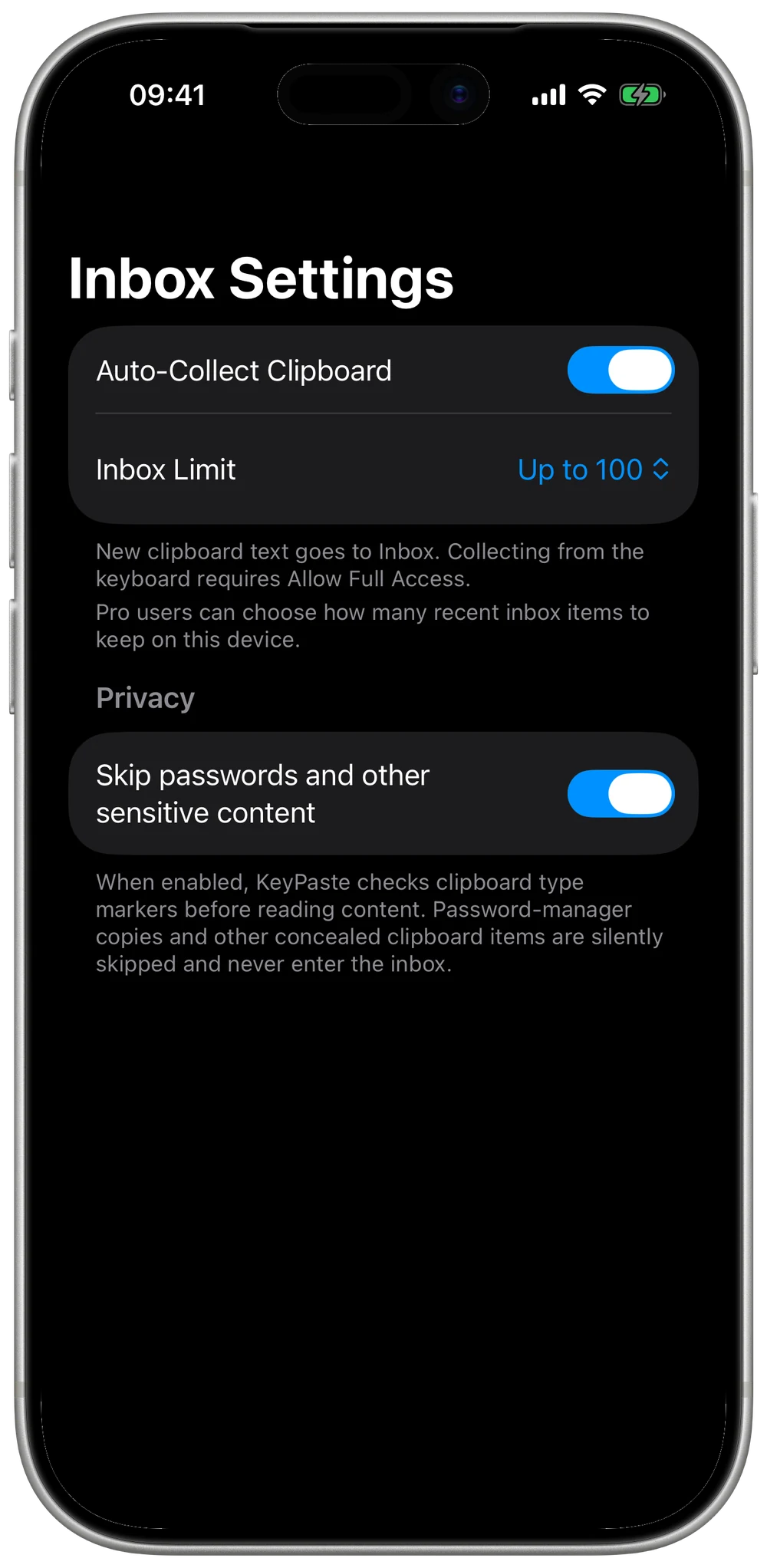 KeyPaste Inbox Settings on iPhone showing the “Skip passwords and other sensitive content” toggle